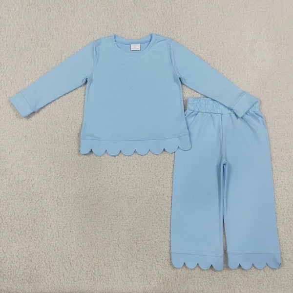 RTS NO MOQ Sibling cotton Baby Girls Solid Color Scallop Trim Long Sleeve Top And Pant Outfit Set