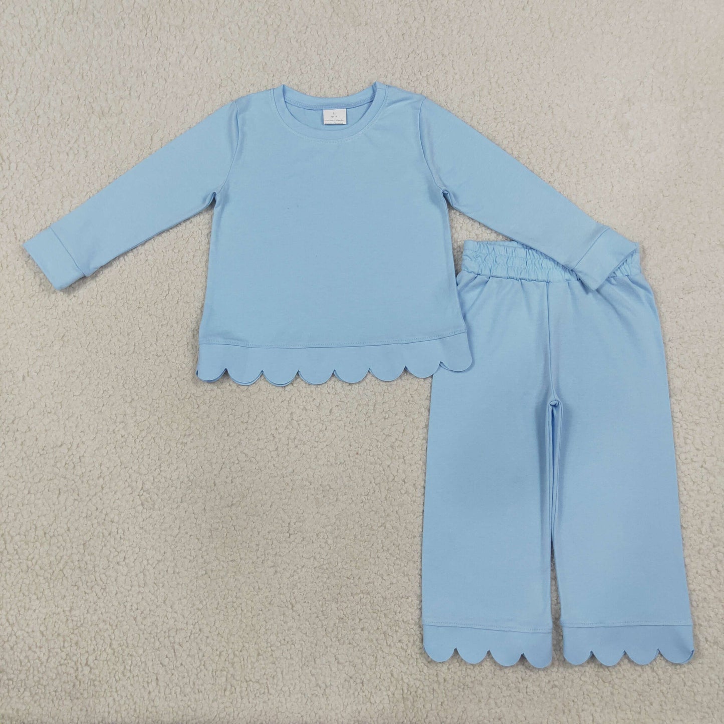 GLP3292 RTS NO MOQ （In stock）Cotton Baby Girls Solid Light Blue Long Sleeve Top Scallop Trim Pants Pajamas Set