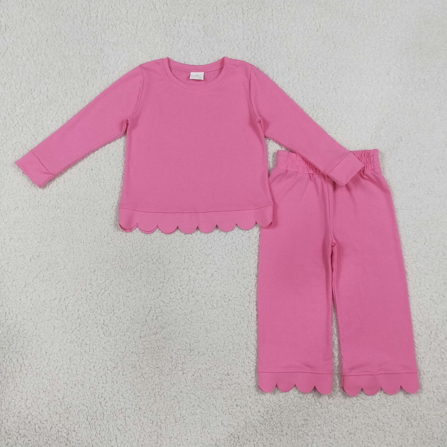GLP3294 RTS NO MOQ （In stock）Hot pink cotton long sleeves scallop girls pajamas set