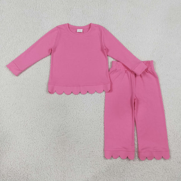 RTS NO MOQ Sibling cotton Baby Girls Solid Color Scallop Trim Long Sleeve Top And Pant Outfit Set