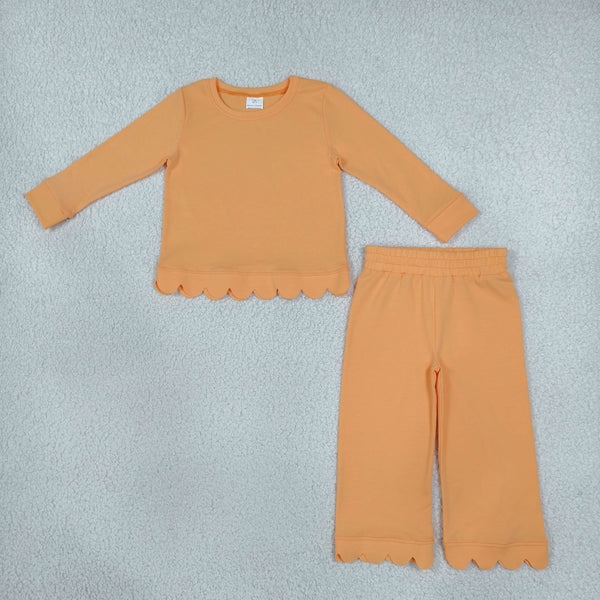 RTS NO MOQ Sibling cotton Baby Girls Solid Color Scallop Trim Long Sleeve Top And Pant Outfit Set