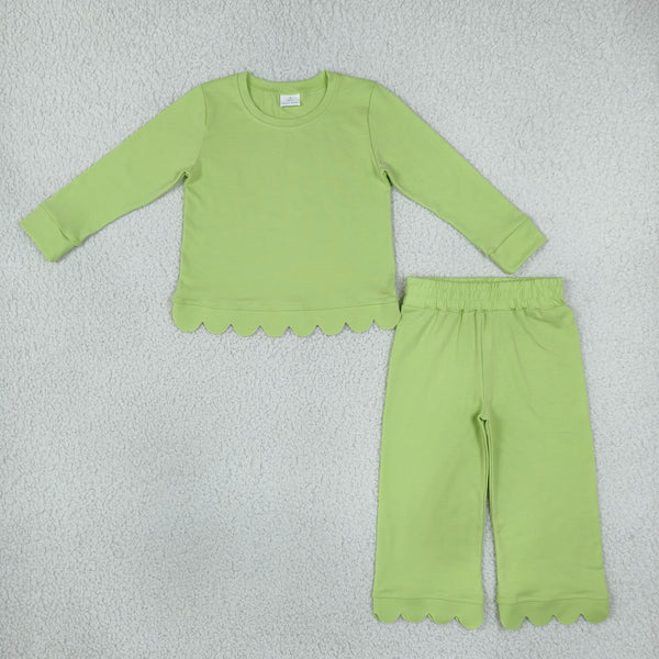 RTS NO MOQ Sibling cotton Baby Girls Solid Color Scallop Trim Long Sleeve Top And Pant Outfit Set
