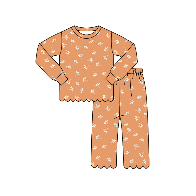 4.14 Pre order No Moq Baby Girls Long Sleeve Flowers Top Pants Scallop Pajamas Clothes Sets