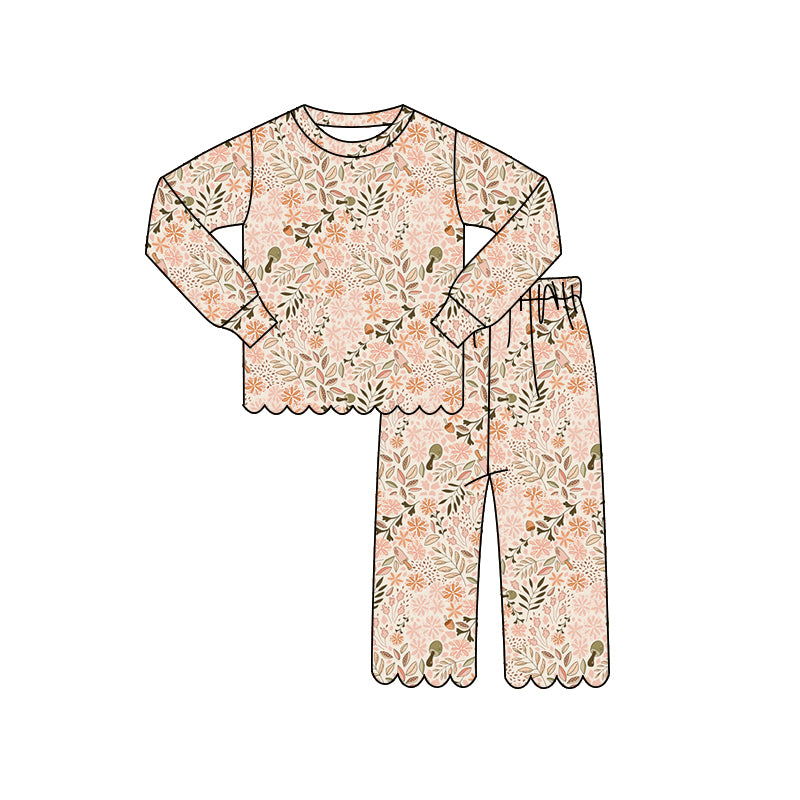 4.14 Pre order No Moq Baby Girls Long Sleeve Flowers Top Pants Scallop Pajamas Clothes Sets