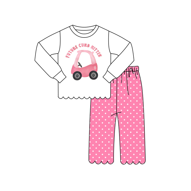 4.15 GLP3304 Pre order No Moq Baby Girl Pink Car Outfit  Long Sleeve & Polka Dot Pants Set
