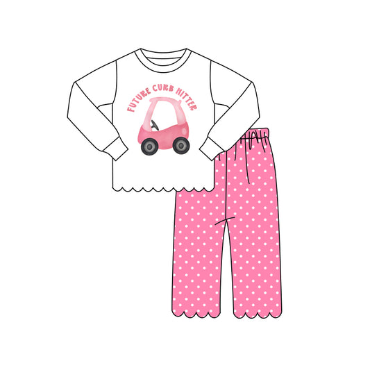 4.15 GLP3304 Pre order No Moq Baby Girl Pink Car Outfit  Long Sleeve & Polka Dot Pants Set