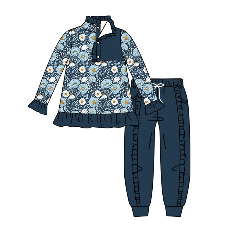 4.17 Pre order No Moq Baby Girls Colorful Flowers Button Ruffle Pullover Top Jogger Hunting Clothes Sets