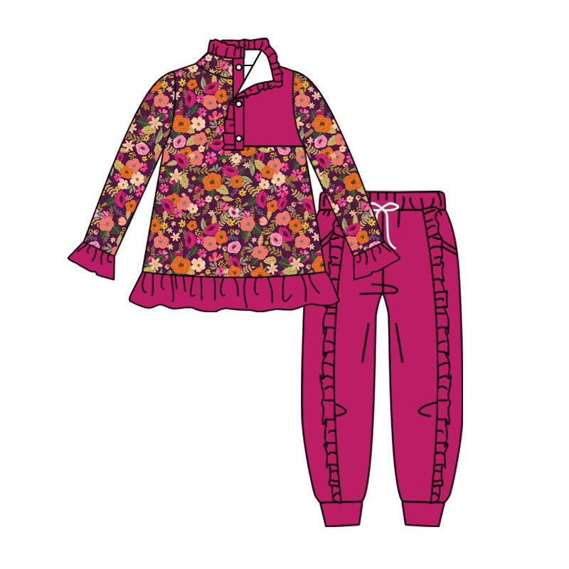 4.17 Pre order No Moq Baby Girls Colorful Flowers Button Ruffle Pullover Top Jogger Hunting Clothes Sets