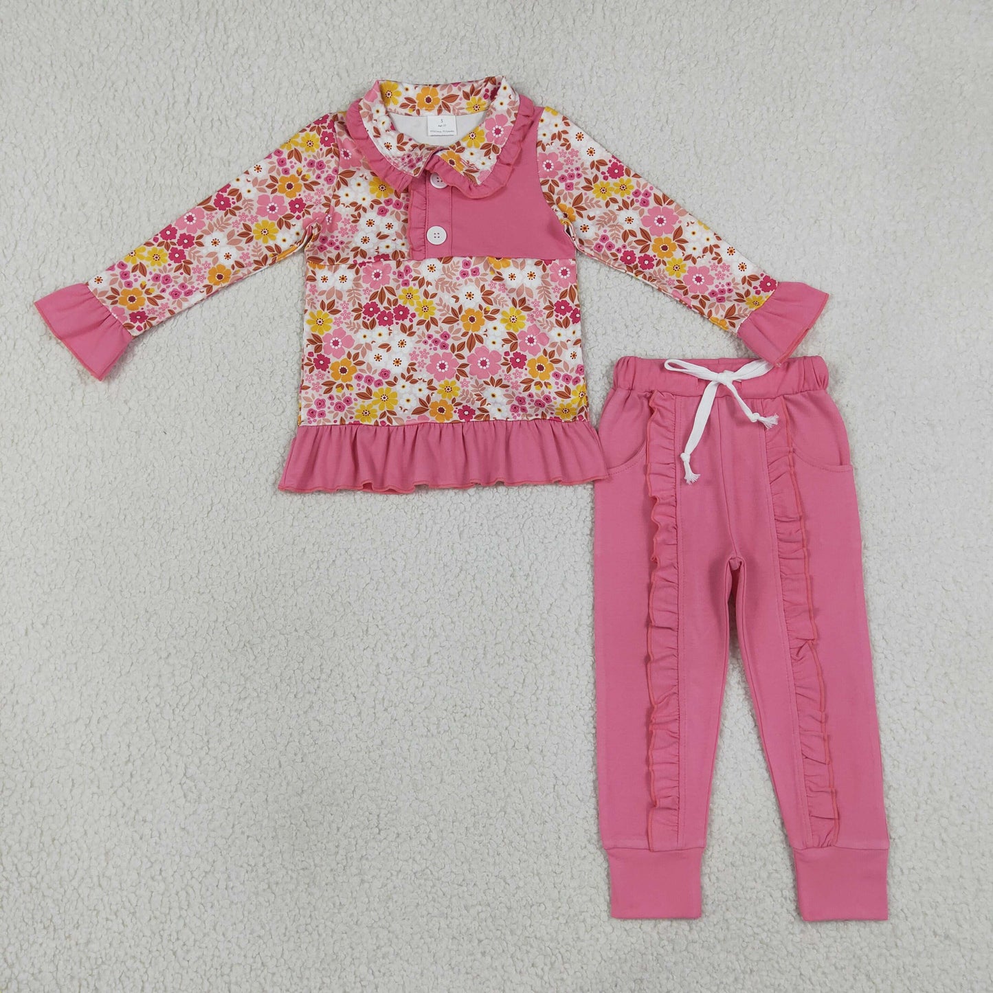 GLP3315  RTS NO MOQ （In stock）Baby Girls Colorful Floral Button Ruffle Pullover Jogger Pant Casual Outfit