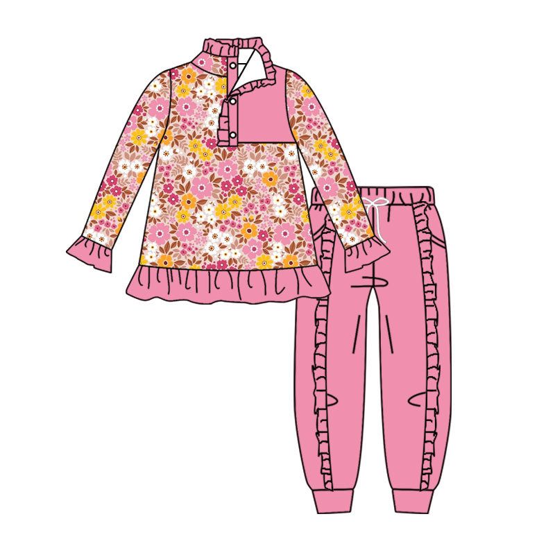 4.17 Pre order No Moq Baby Girls Colorful Flowers Button Ruffle Pullover Top Jogger Hunting Clothes Sets