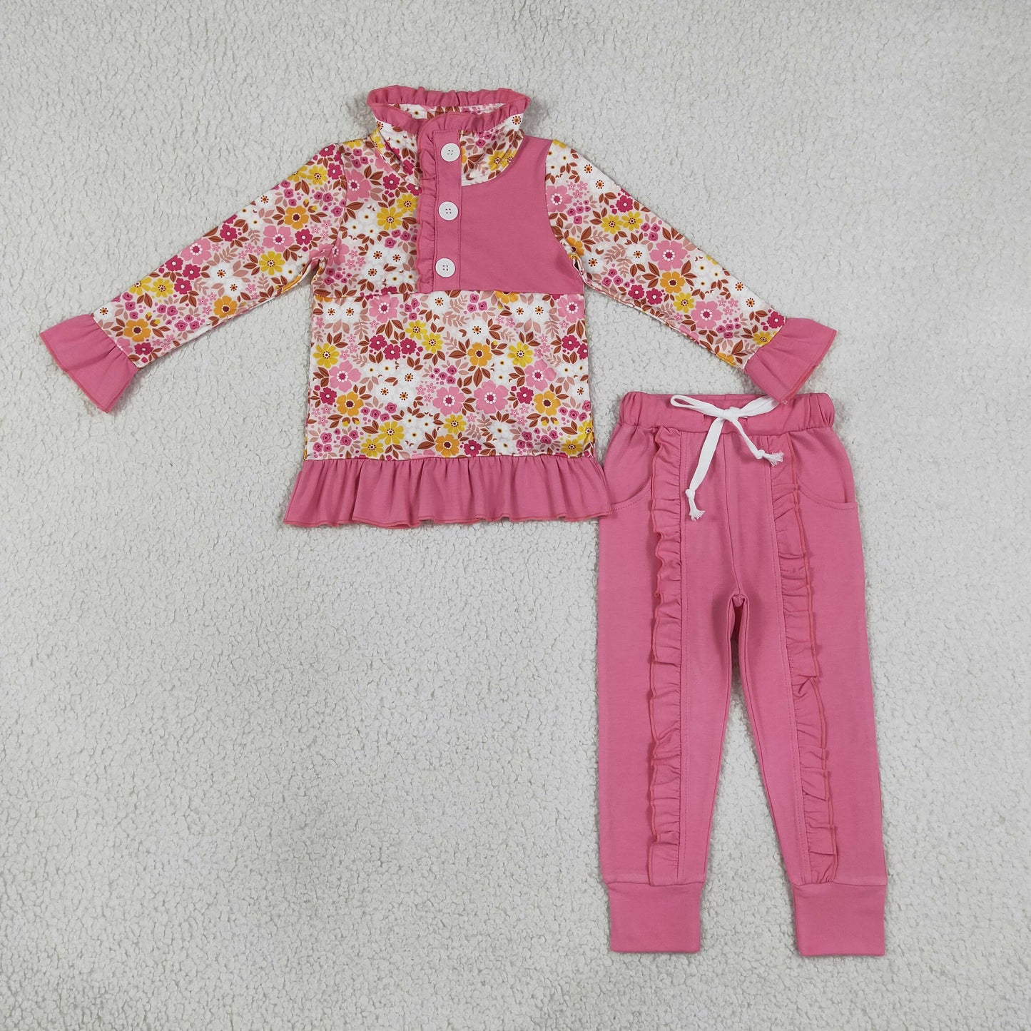 GLP3315  RTS NO MOQ （In stock）Baby Girls Colorful Floral Button Ruffle Pullover Jogger Pant Casual Outfit