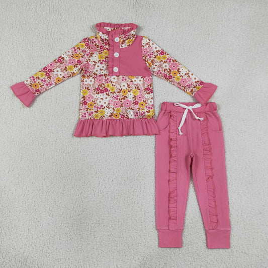 GLP3315  RTS NO MOQ （In stock）Baby Girls Colorful Floral Button Ruffle Pullover Jogger Pant Casual Outfit