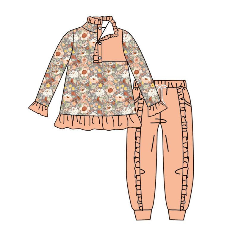 4.17 Pre order No Moq Baby Girls Colorful Flowers Button Ruffle Pullover Top Jogger Hunting Clothes Sets