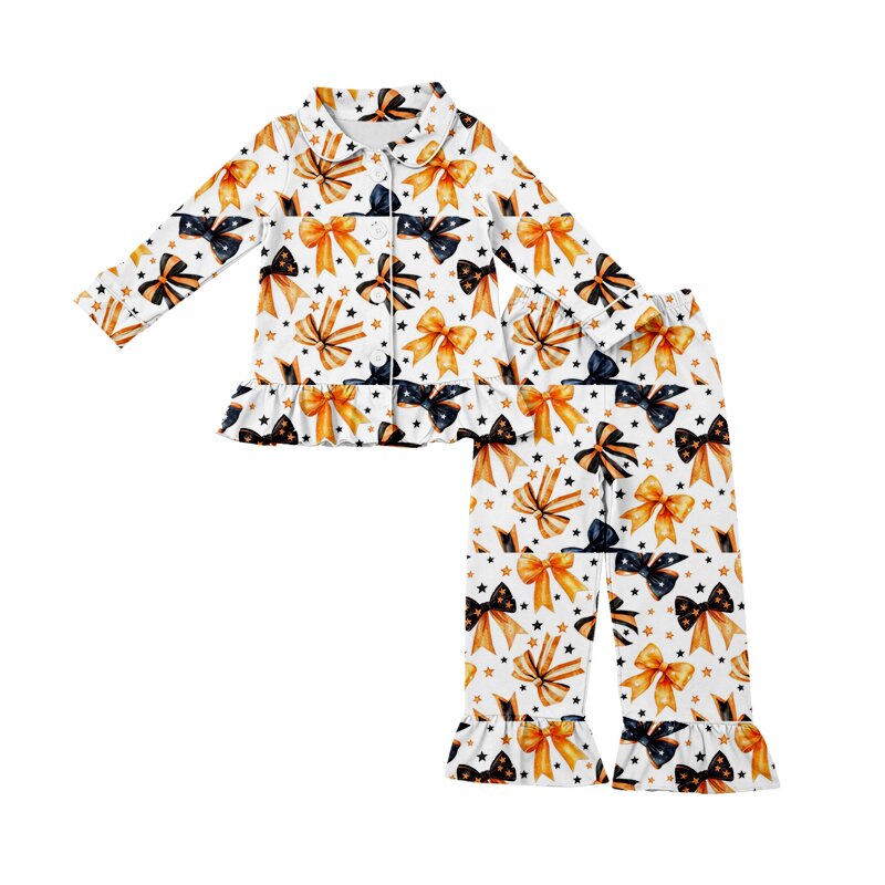 4.17 GLP3318 Pre order No Moq Baby Girls Black Orange Bows Stars Button Top Ruffle Pant Pajamas Sets
