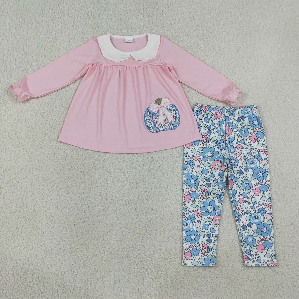 RTS NO MOQ （In stock）milk silk GLP3319  Embroidery Flowers Pumpkins Baby Girls Collar Tunic Leggings Fall Clothes Sets