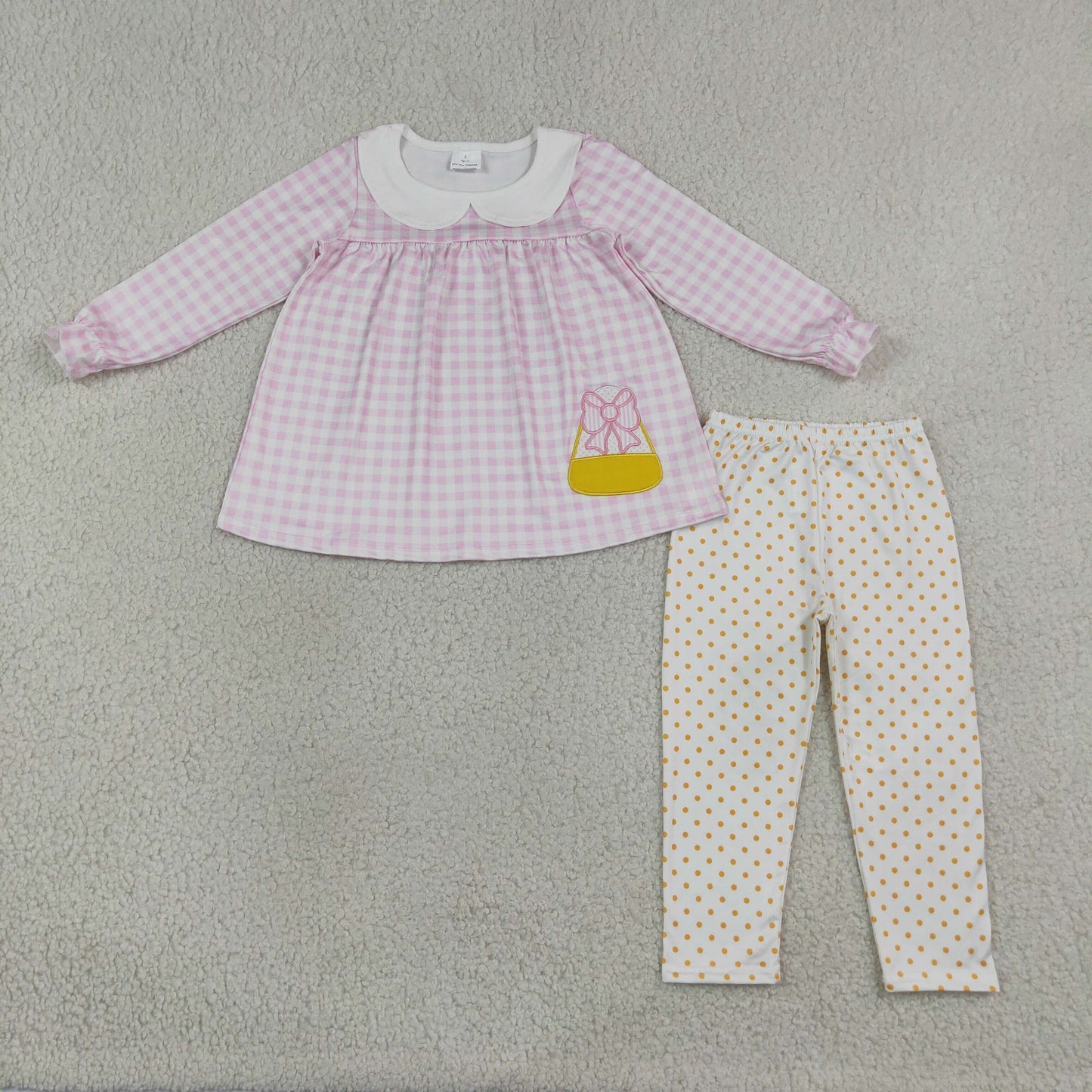 RTS NO MOQ （In stock）milk silk GLP3320 Embroidery Bow Candy Baby Girls Pink Checked Tunic Leggings Halloween Clothes Sets
