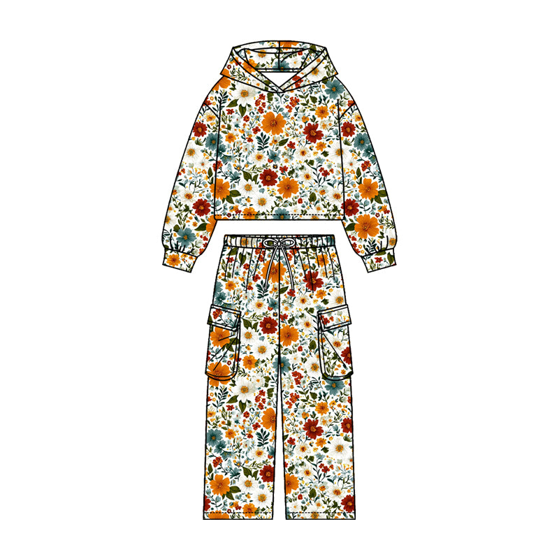 4.20 Pre order No Moq Baby Girls Colorful Flowers Hoodies Pockets Straight Bottom Pant Clothes