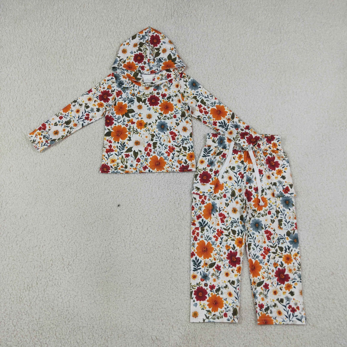 RTS NO MOQ milk silk GLP3321 Baby Girls Colorful Flowers Pocket Hoodie Top Pant Set