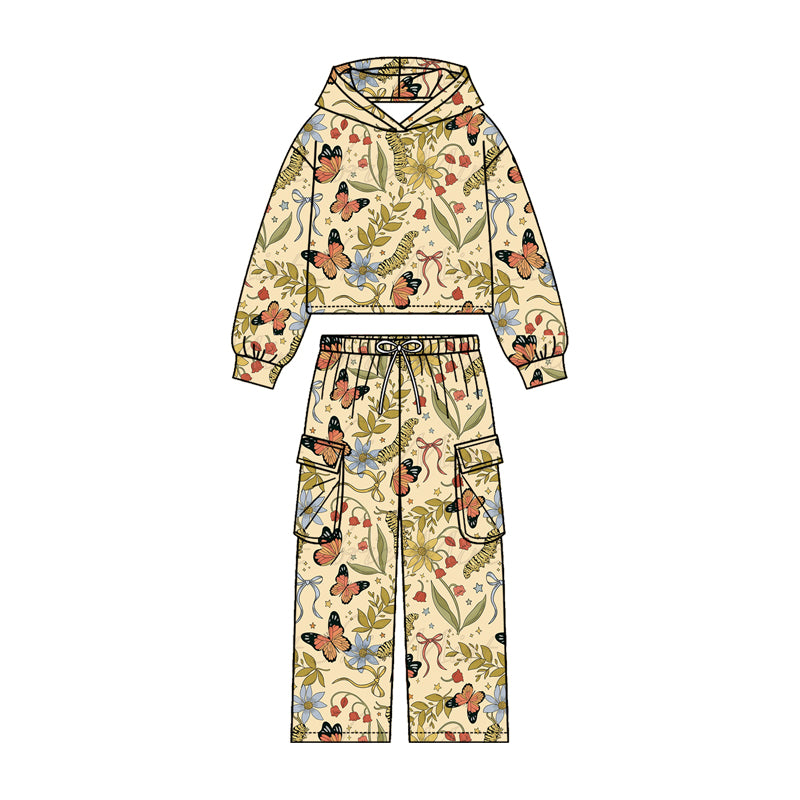 4.20 Pre order No Moq Baby Girls Colorful Flowers Hoodies Pockets Straight Bottom Pant Clothes