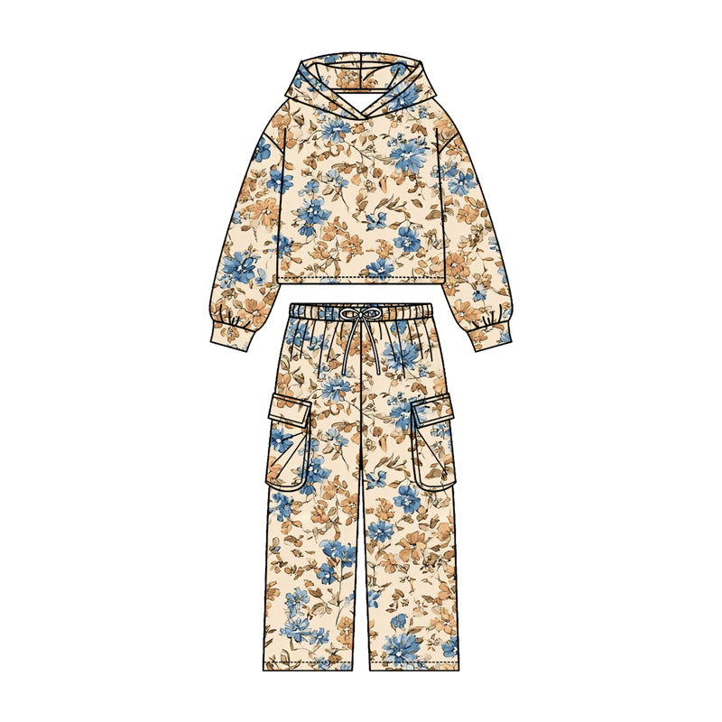 4.20 Pre order No Moq Baby Girls Colorful Flowers Hoodies Pockets Straight Bottom Pant Clothes