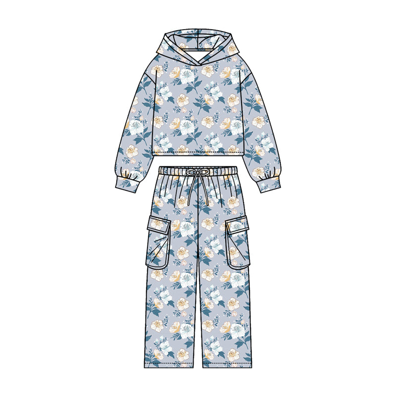4.20 Pre order No Moq Baby Girls Colorful Flowers Hoodies Pockets Straight Bottom Pant Clothes