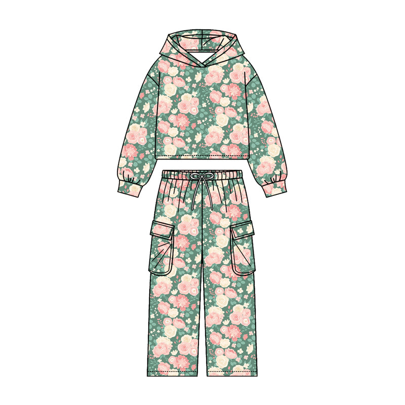 4.20 Pre order No Moq Baby Girls Colorful Flowers Hoodies Pockets Straight Bottom Pant Clothes