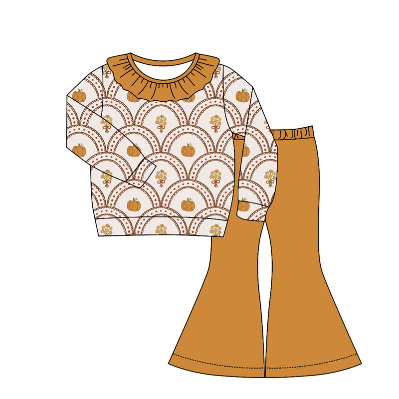 4.22 Pre order No Moq Baby Girls Casual Fall Clothing Set Flower Pumpkin Top Bell Bottom Pants With Bows