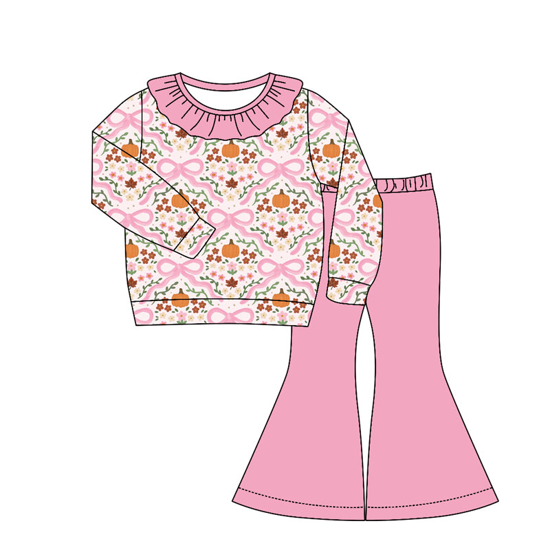 4.22 Pre order No Moq Baby Girls Casual Fall Clothing Set Flower Pumpkin Top Bell Bottom Pants With Bows