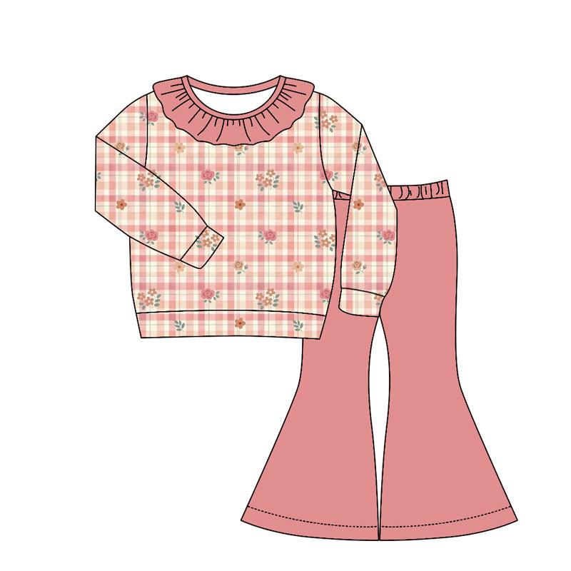 4.22 Pre order No Moq Baby Girls Casual Fall Clothing Set Flower Pumpkin Top Bell Bottom Pants With Bows
