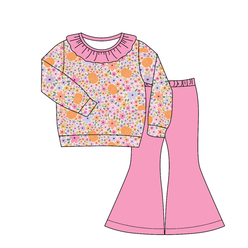 4.22 Pre order No Moq Baby Girls Casual Fall Clothing Set Flower Pumpkin Top Bell Bottom Pants With Bows