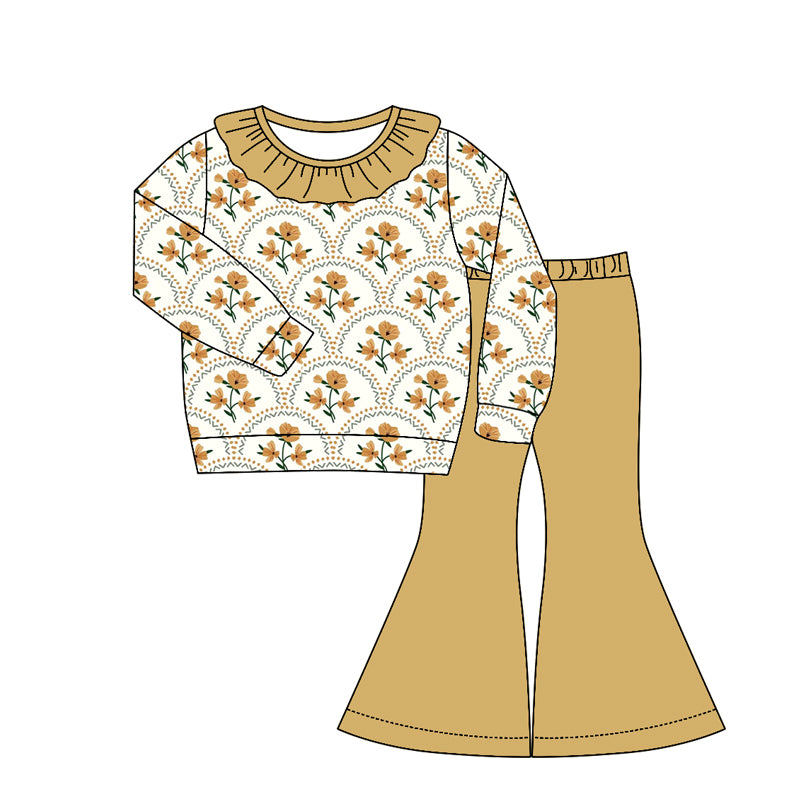 4.22 Pre order No Moq Baby Girls Casual Fall Clothing Set Flower Pumpkin Top Bell Bottom Pants With Bows