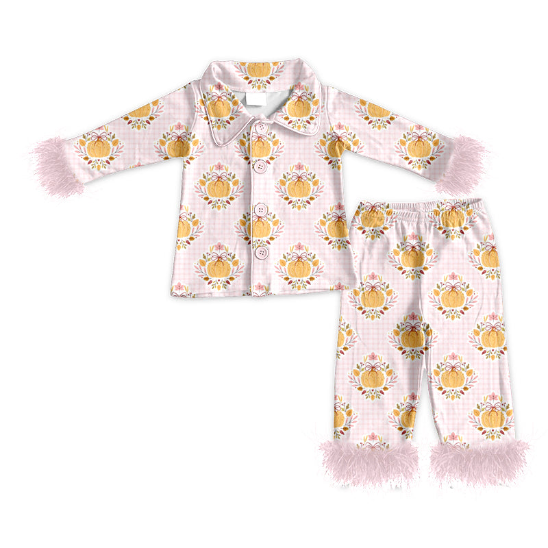 4.24 Pre order No Moq Baby Girls Pumpkin Print Two Piece Pajama With Fur Cuffs
