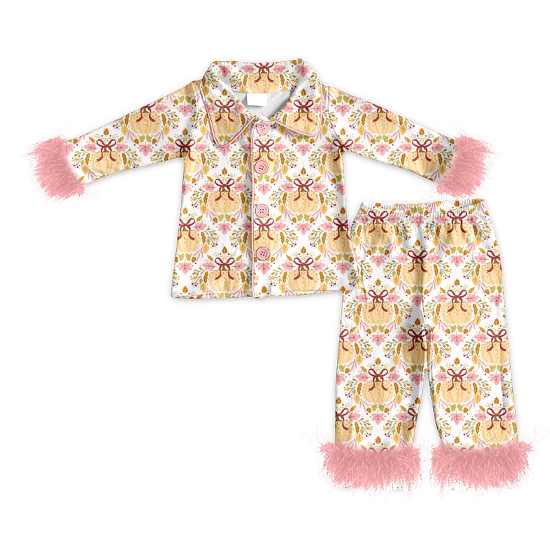4.24 Pre order No Moq Baby Girls Pumpkin Print Two Piece Pajama With Fur Cuffs