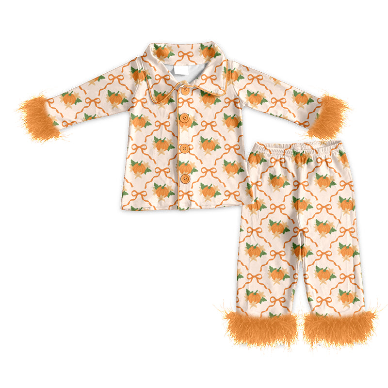 4.24 Pre order No Moq Baby Girls Pumpkin Print Two Piece Pajama With Fur Cuffs
