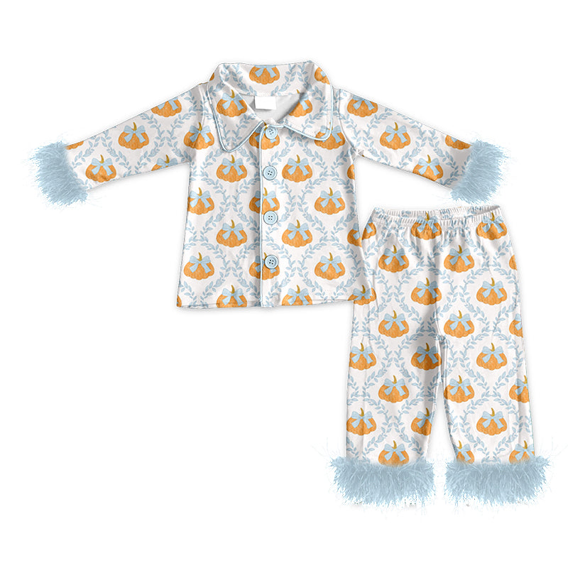 4.24 Pre order No Moq Baby Girls Pumpkin Print Two Piece Pajama With Fur Cuffs