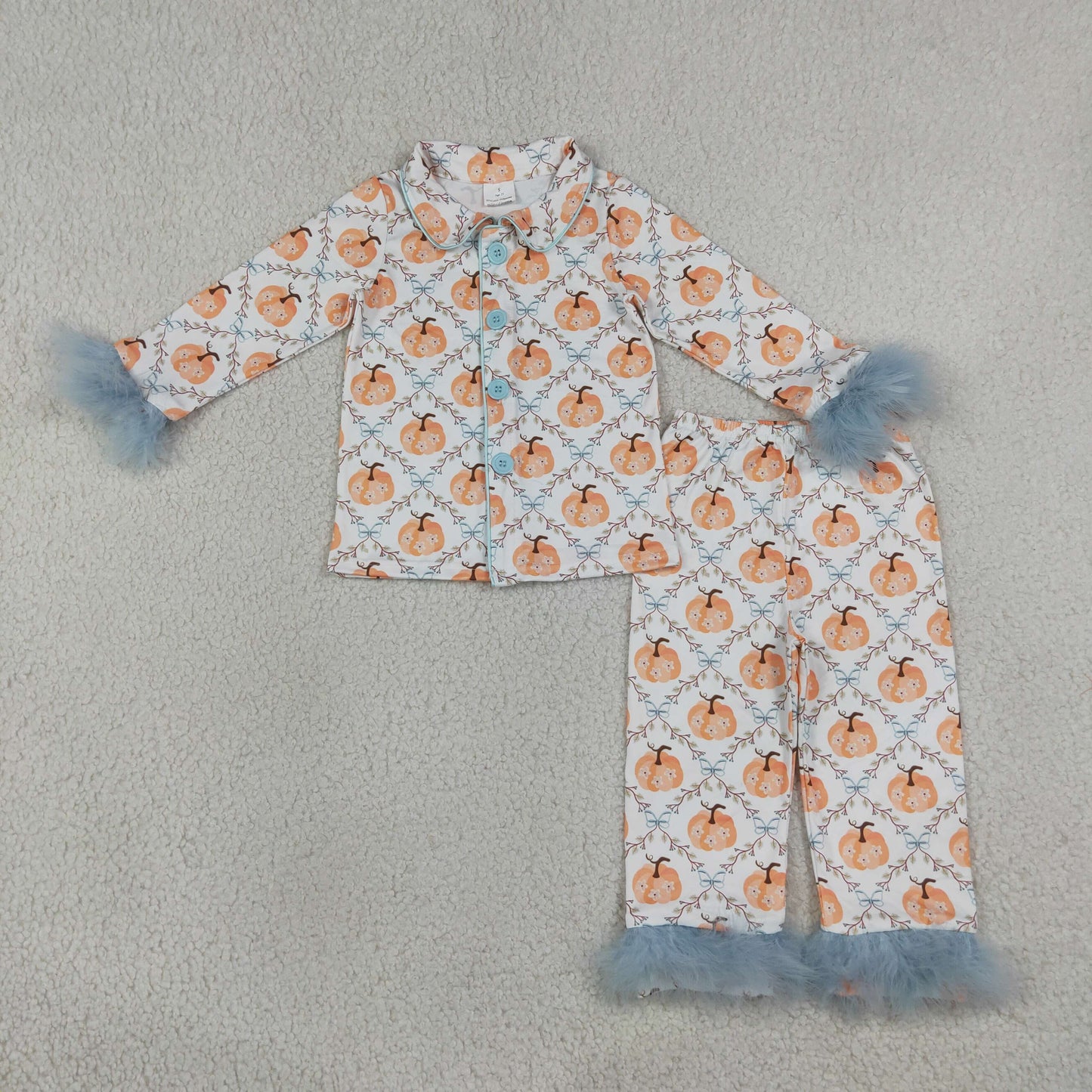 RTS NO MOQ （In stock）milk silk GLP3338  Baby Girls Floral Pumpkin Print Button Front Long Sleeve Top Elastic Waist Pants Fur Pajama Set