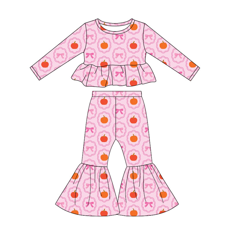 4.25 Pre order No Moq Baby Girls Bows Pumpkins Checked Top Bell Bottom Pant Fall Clothes Sets