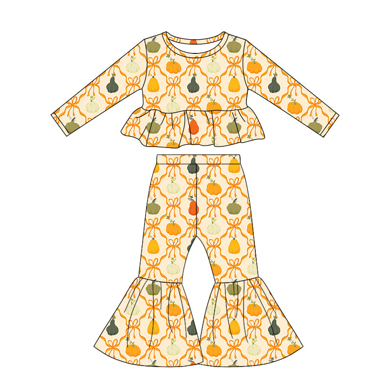 4.25 Pre order No Moq Baby Girls Bows Pumpkins Checked Top Bell Bottom Pant Fall Clothes Sets