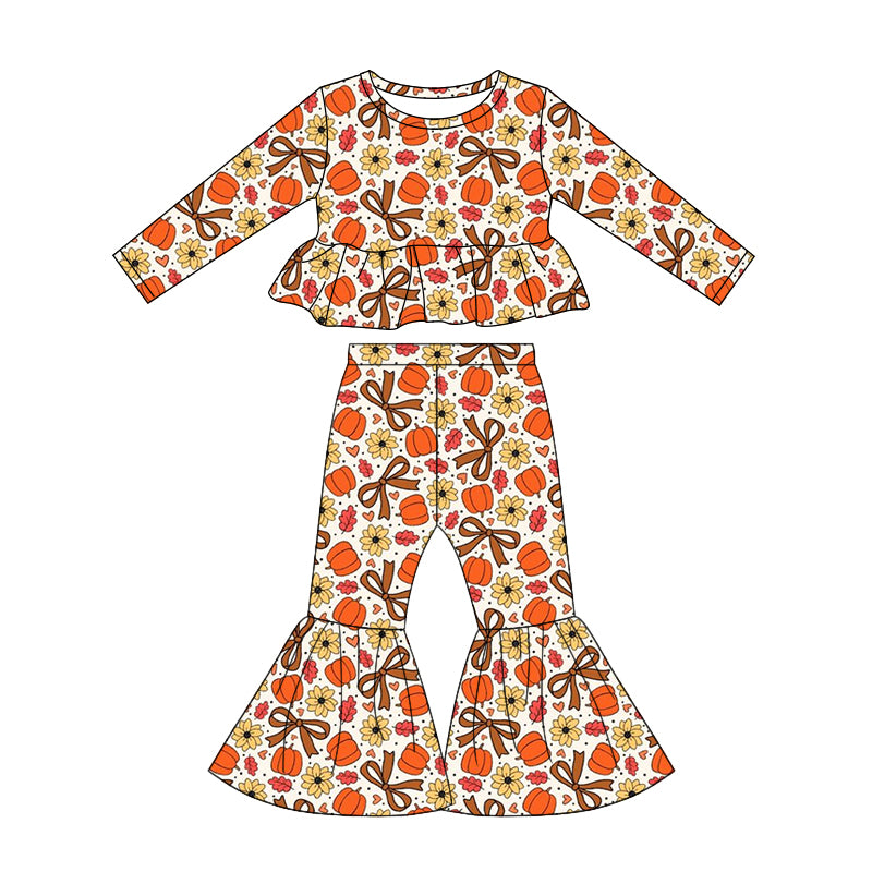 4.25 Pre order No Moq Baby Girls Bows Pumpkins Checked Top Bell Bottom Pant Fall Clothes Sets