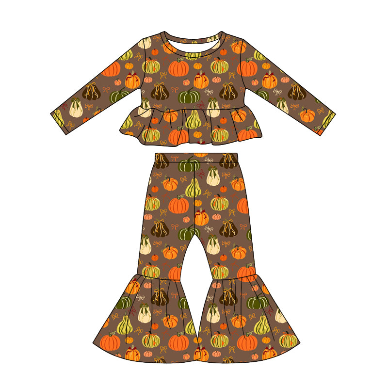 4.25 Pre order No Moq Baby Girls Bows Pumpkins Checked Top Bell Bottom Pant Fall Clothes Sets