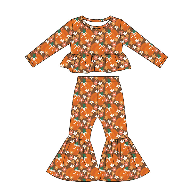 4.25 Pre order No Moq Baby Girls Bows Pumpkins Checked Top Bell Bottom Pant Fall Clothes Sets