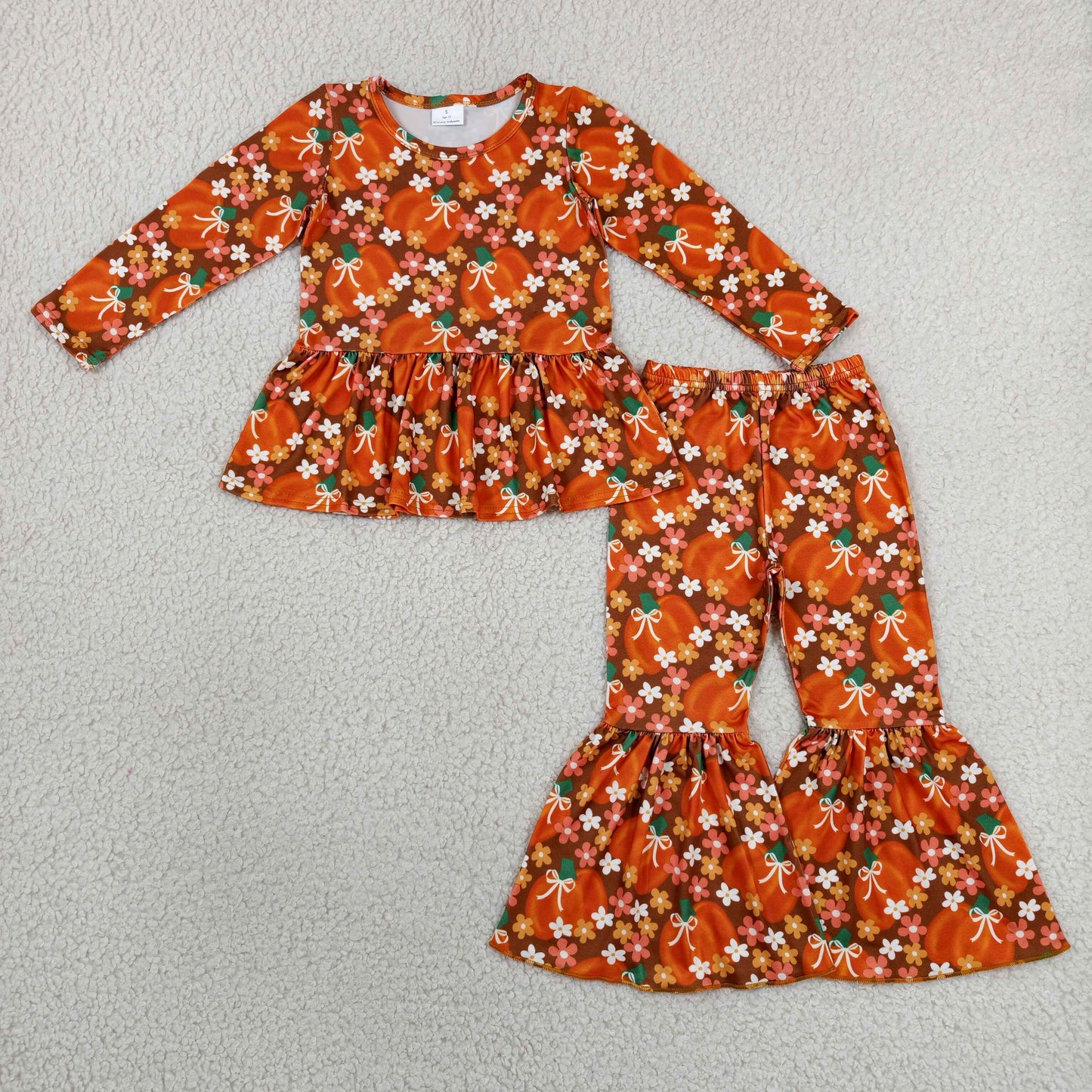 GLP3343 RTS NO MOQ （In stock）Baby Girls Bows Pumpkins Flowers Top Bell Bottom Pant Fall Clothes Sets