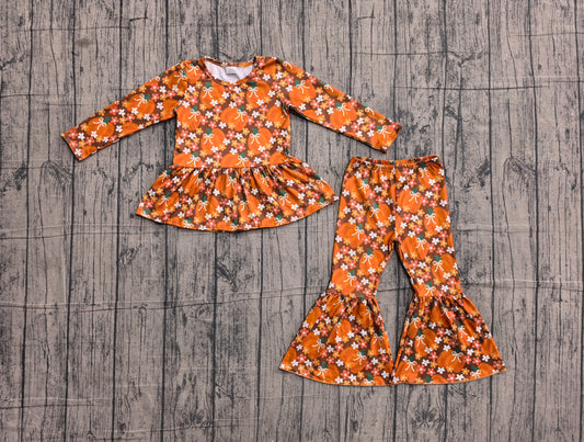 5.28 GLP3343 Sample No Moq Baby Girls Bows Pumpkins Flowers Top Bell Bottom Pant Fall Clothes Sets