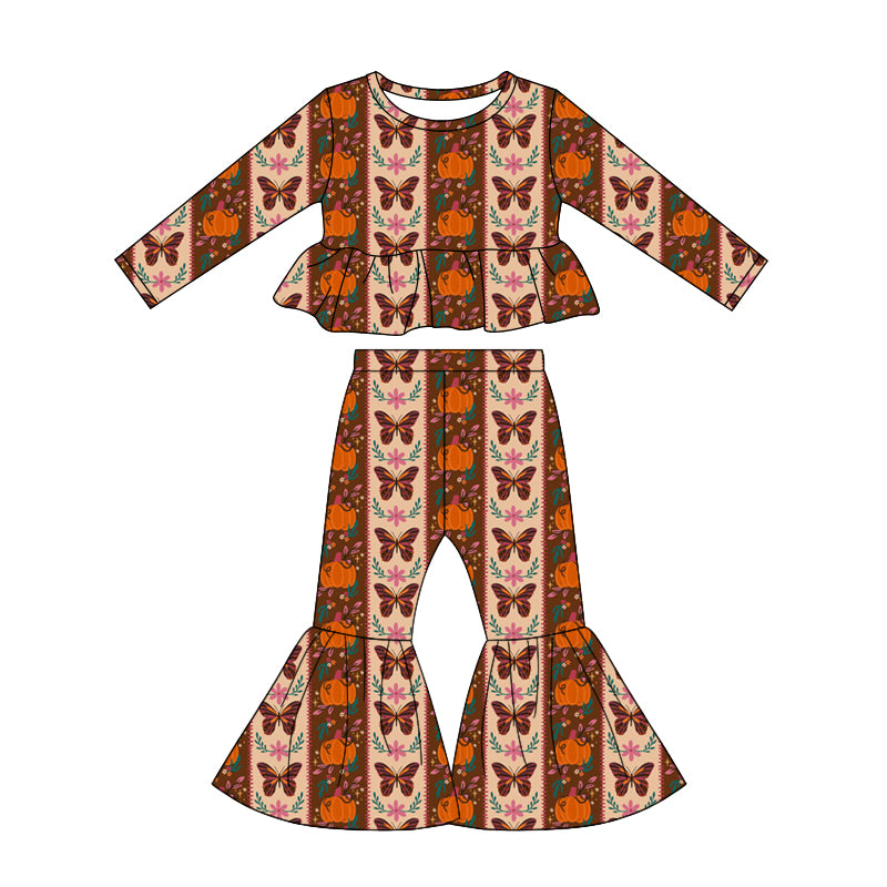 4.25 Pre order No Moq Baby Girls Bows Pumpkins Checked Top Bell Bottom Pant Fall Clothes Sets