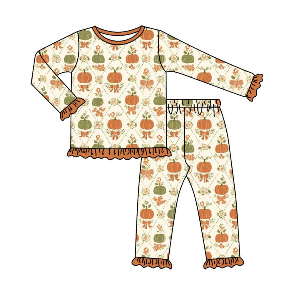 4.28 Pre order No Moq Baby Girls Casual Fall Clothing Set Pumpkin Top Pants Pajamas Set
