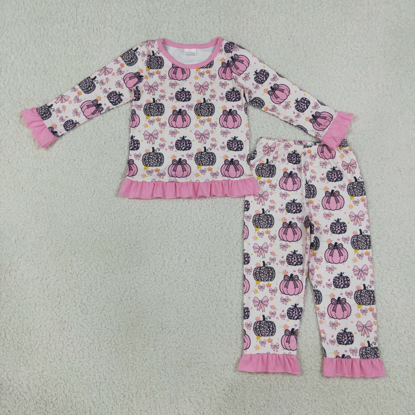 GLP3350 RTS NO MOQ （In stock）milk silk Baby Girls Bows Leopard Pumpkins Top Ruffle Pant Fall Pajamas Sets