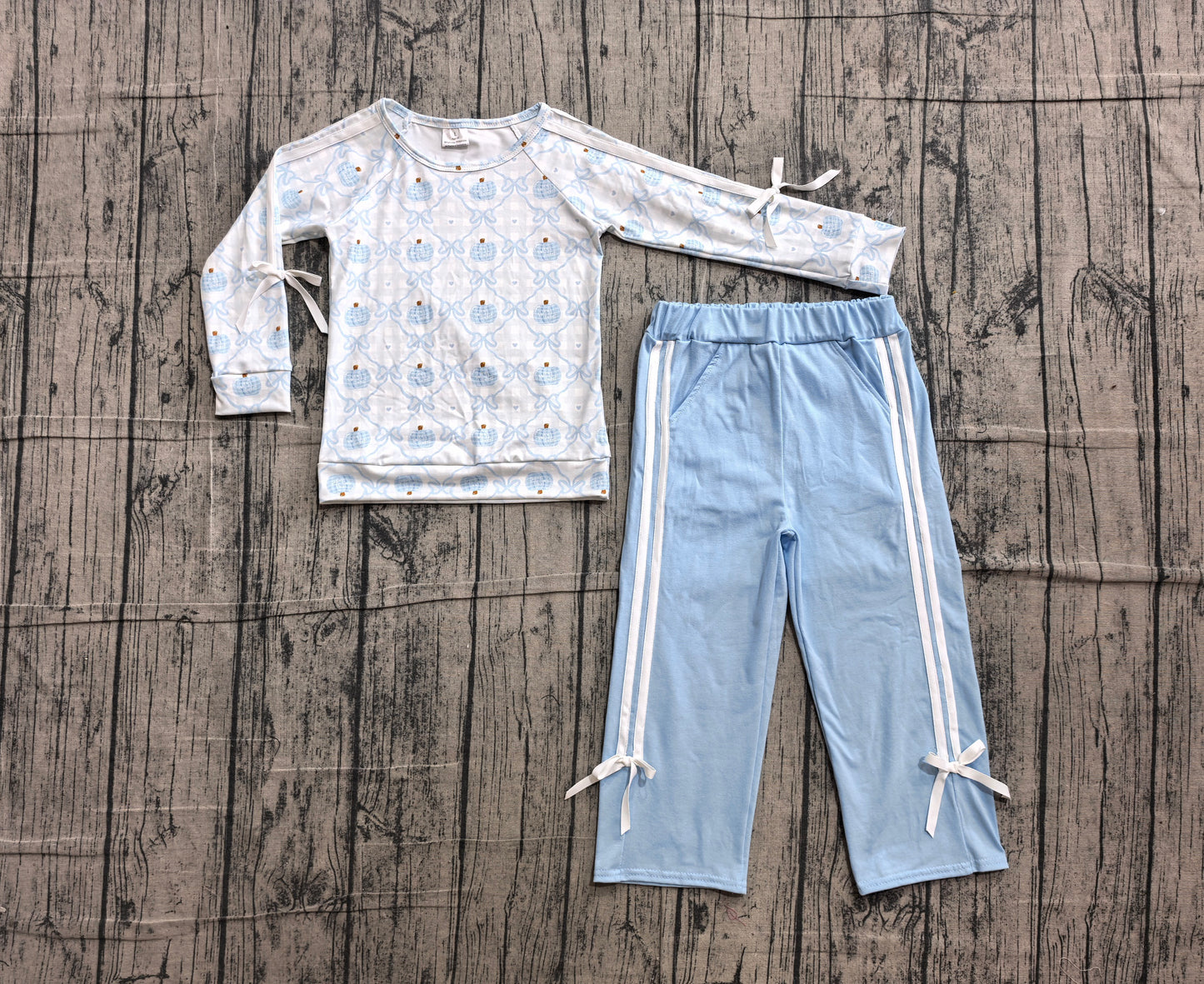 6.10 GLP3351 Sample No Moq Baby Girls Blue Bow Pumpkin Pocket Top Pants Fall Holiday Set