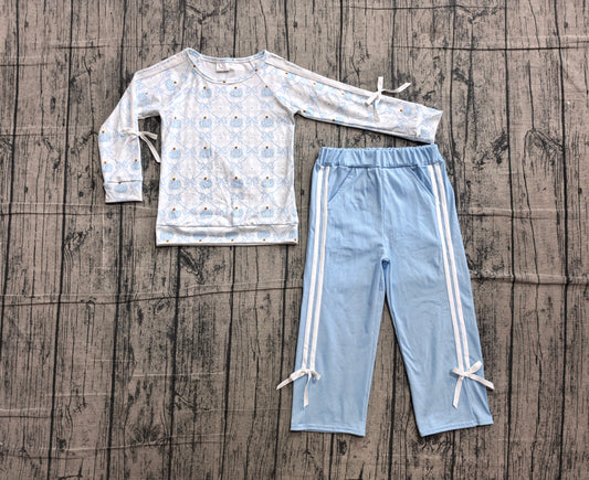 6.10 GLP3351 Sample No Moq Baby Girls Blue Bow Pumpkin Pocket Top Pants Fall Holiday Set