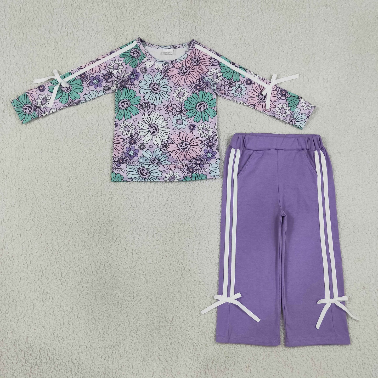 GLP3353 RTS NO MOQ （In stock）milk silk Baby Girls Halloween Ghost Floral Print Pocket Long Sleeve Top Pants Clothes Set
