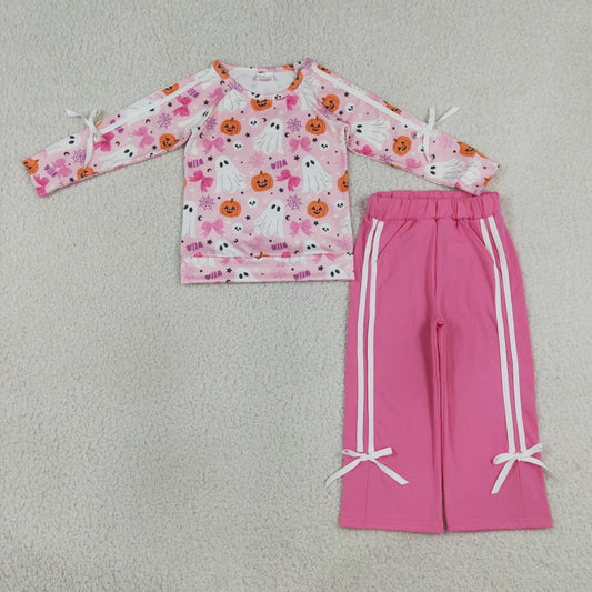 GLP3356  RTS NO MOQ （In stock）Baby Girls Ghost Pumpkin Pocket Long Sleeve Top Pants Clothes Set